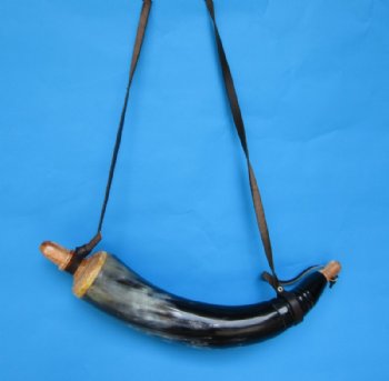 Wholesale Carved Cattle/Cow Powder horn with leather strap 14 to 18 inches - 2 pcs @ $12 each; 12 pcs @ $10.80 each