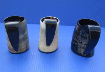 4 inch Wholesale Carved Viking Buffalo horn mugs with 4 horizontal lines - 2 pcs @ $12.00 each; 12 pcs @ $10.80 each