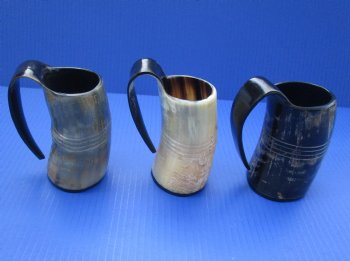 4 inch Wholesale Carved Viking Buffalo horn mugs with 4 horizontal lines - 2 pcs @ $12.00 each; 12 pcs @ $10.80 each