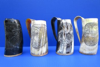 Wholesale Polished buffalo horn mug with carved flying horse design - $28.00 each; 6 pcs @ $25.00 each  