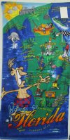 30" x 60" Fiber Reactive Colorful Green Map of Florida Beach Towels Wholesale with Cartoon Art - Packed 6 @ $6.20 ea; Case of 12 @ $5.85 each