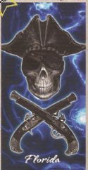 Wholesale 30" x 60" Fiber Reactive Pirate and Guns Beach Towels "Florida" - Packed 6 @ $6.20 ea; Case of 12 @ $5.85 each