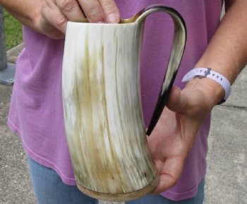 Polished Ox Horn Mug, Cow Horn mug with wood base/bottom measuring approximately 7 inches tall. Buy now for $30