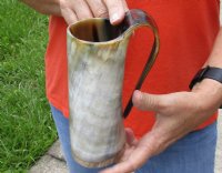 Polished Ox Horn Mug, Cow Horn Mug with wood base/bottom measuring approximately 7 inches tall. Buy now for $27