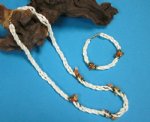 Wholesale 3 Strand Mother of Pearl  Necklaces with Rice Beads, Earth Tone Sea Glass and Green Beads Comes in 24", 18" and 7-1/2"