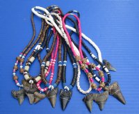 Wholesale Megalodon Shark tooth necklace 1 to 2 inch wrapped with silver colored wire on an assorted color necklace -  2 pcs @ $13.50 each; 8 pcs @ $12.00 each