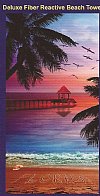 30" x 60" Wholesale Fiber Reactive Beach Towels  with Florida sunrise, palm trees and fishing pier - Packed: 6 @ $6.20 each; 12 @ $5.85 each