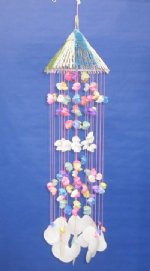 34 inches Wholesale Large Seashell Wind Chime Colored Twig Hat with Multi Colored Cockles and White Sun and Moon Shells Minimum 2 @ SALE $4.25 EACH
