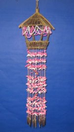 40" twig bird house with wooden parrots, pink & white cut shells wind chime Wholesale - Minimum: 2 @ $11.85 each (Case of 6 @ $10.665 ea)