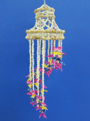 Wholesale small shell chandelier, spiral wind chime with multicolored cut shells 19 inches long - 2 pcs @ $7.80 each
