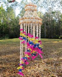 Wholesale small shell chandelier, spiral wind chime with multicolored cut shells 19 inches long - 2 pcs @ $7.80 each