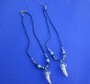 3/4 to 1-1/2 inch wholesale alligator tooth necklaces with tiny gator and purple, blue and white abstract design beads, 20 inches in length - Packed 3 @ $4.25 each; Packed: 12 pcs @ $3.75 each