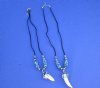 3/4 - 1-1/2 inch wholesale alligator tooth necklaces with tiny gator and aqua, blue and white abstract design beads, 20 inches in length - Packed 3 @ $4.25 each; Packed: 12 pcs @ $3.75 each