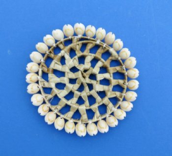4 inches round wicker weaved coaster with cowry shell border - 12 pcs @ $1.25 each; 96 pcs @ $1.12 each
