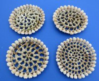 4 inches round wicker weaved coaster with cowry shell border - 12 pcs @ $1.25 each; 96 pcs @ $1.12 each