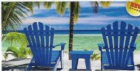 12 pc lot of Blue Relax Tropical Beach Scene Towels with beach chairs, sand, palms and ocean - You will receive the towels in the photo for $67.80/lot