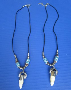 1/2  to 1-1/4  inches Wholesale Alligator Tooth Necklaces with tiny silver gator with Blue, Brown and White beads 20 inches - 3 pcs @ $4.25 each; 12 pcs @ $3.75 each