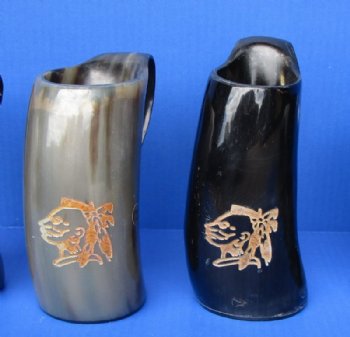 Wholesale Buffalo Horn Mug with an Engraved Native American Chief - 6 inch to 6-1/2 inch - <font color=red>*Closeout Sale* </font>$14.00 each; 8 pcs @ $12.00 each
