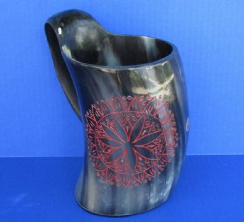Wholesale Buffalo Horn Mug with an Carved Red Emblem - 6 inch to 6-1/2 inch - <font color=red>*Closeout Sale* </font> $14.00 each; 8 pcs @ $12.00 each