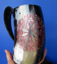 Wholesale Buffalo Horn Mug with an Carved Red Emblem - 6 inch to 6-1/2 inch - <font color=red>*Closeout Sale* </font> $14.00 each; 8 pcs @ $12.00 each