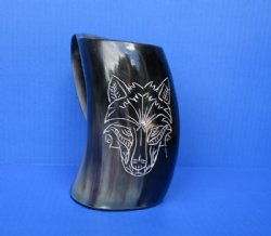 Wholesale Buffalo Horn Mug with an Engraved Wolf Face - 6 inch tall -  $27.00 each; 8 pcs @ $24.00 each