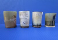Wholesale Carved Tan color Buffalo Viking Drinking Horn Shot Glass/cup with wood base - 3 inches tall - 2 pcs @ $7.75 each; 12 pcs @ $6.95 each