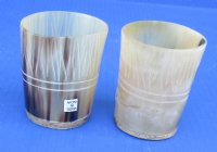 Wholesale Carved Tan color Buffalo Viking Drinking Horn Shot Glass/cup with wood base - 3 inches tall - 2 pcs @ $7.75 each; 12 pcs @ $6.95 each