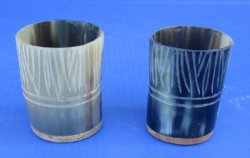 Wholesale Carved Marble color Buffalo Viking Drinking Horn Shot Glass/cup with wood base - 3 inches tall - 2 pcs @ $7.75 each; 12 pcs @ $6.95 each