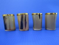 Wholesale Tan color Buffalo Viking Drinking Horn Shot Glass/cup with Brass Trim and Wood base - 3 inches tall - 2 pcs @ $7.75 each; 12 pcs @ $6.95 each