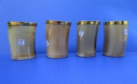 Wholesale Tan color Buffalo Viking Drinking Horn Shot Glass/cup with Brass Trim and Wood base - 3 inches tall - 2 pcs @ $7.75 each; 12 pcs @ $6.95 each