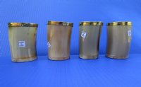 Wholesale Tan color Buffalo Viking Drinking Horn Shot Glass/cup with Brass Trim and Wood base - 3 inches tall - 2 pcs @ $7.75 each; 