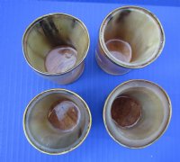 Wholesale Tan color Buffalo Viking Drinking Horn Shot Glass/cup with Brass Trim and Wood base - 3 inches tall - 2 pcs @ $7.75 each; 