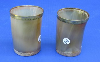 Wholesale Tan color Buffalo Viking Drinking Horn Shot Glass/cup with Brass Trim and Wood base - 3 inches tall - 2 pcs @ $7.75 each; 