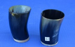 Wholesale Tan and Black color Buffalo Viking Drinking Horn Shot Glass/cup with Wood base - 3 inches tall - 2 pcs @ $7.75 each; 12 pcs @ $6.95 each