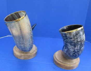 19 up to 32 inch Carved Cow horn w/ wood base (1 pc)