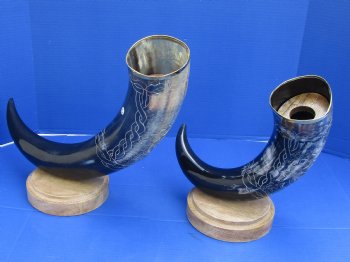 Wholesale 19 up to 32 inch Carved Cattle/Cow horn centerpiece with 6 inch round, wood base - $55 each