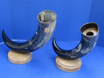 19 up to 32 inch Carved Cow horn w/ wood base (1 pc)
