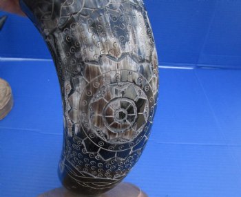 19 up to 32 inch Carved Cow horn w/ wood base (1 pc)