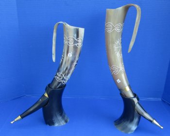 Polished Cow Horn Carved Design w/handle and horn stand (1 pc)