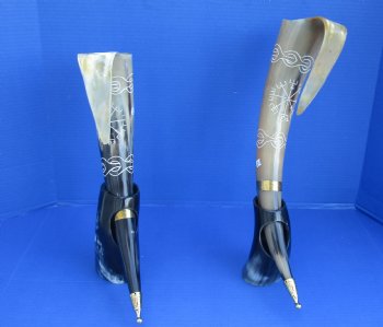 Wholesale Polished Decorative Cattle/Cow Carved Design Drinking horn with handle and horn stand - $32.00 each; 6 pcs @ $28.00 each 