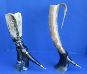 Wholesale Polished Decorative Cattle/Cow Carved Design Drinking horn with handle and horn stand - $32.00 each; 6 pcs @ $28.00 each 