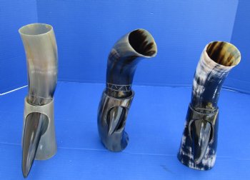 Decorative Carved Cattle/Cow Drinking horns and Horn stand 11 to 13 inch (2 pc, 8 pc)