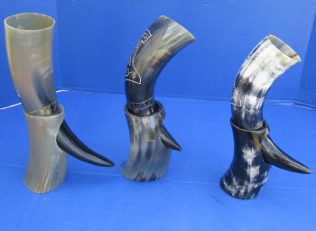 Decorative Carved Cattle/Cow Drinking horns and Horn stand 11 to 13 inch (2 pc, 8 pc)