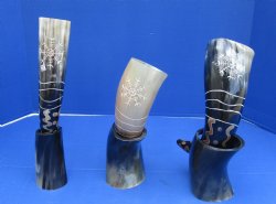 Wholesale Decorative Carved Cattle and Buffalo horn and horn stand with a Sunburst Design  12 to 13 inch - 2 pcs @ $16.50 each; 8 pcs @ $14.85 each