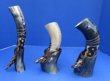 Wholesale Decorative Carved Cattle/Cow horn and horn stand with a Sunburst Design  12 to 13 inch - 2 pcs @ $16.50 each; 8 pcs @ $14.85 each