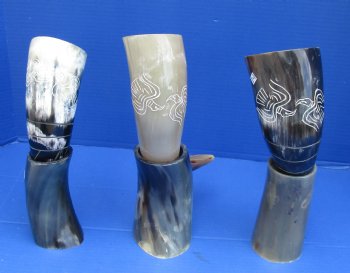 Wholesale Decorative Carved Cattle/Cow horn and horn stand with Bird Design 12 to 13 inch - 2 pcs @ $16.50 each; 8 pcs @ $14.85 each