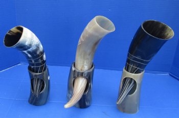 Decorative Carved Cattle/Cow horn and horn stand with Bird Design 12 to 13 inch (2 pc, 8 pc)