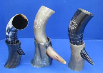 Decorative Carved Cattle/Cow horn and horn stand with Bird Design 12 to 13 inch (2 pc, 8 pc)