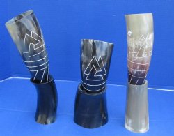 Wholesale Decorative Carved Design Drinking horns and Horn stand 13 to 14 inch - 2 pcs @ $16.50 each; 8 pcs @ $14.85 each