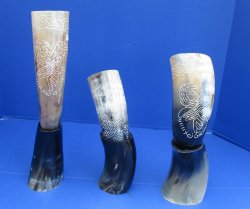 Wholesale Drinking horns with a Carved Bird Design and horn stand 13 to 15 inch - 2 pcs @ $16.50 each; 8 pcs @ $14.85 each